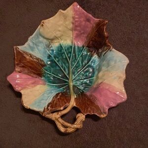 VINTAGE GLAZED GERMAN POTTERY- Multi-Color Leaf Dish with Designer Stamp